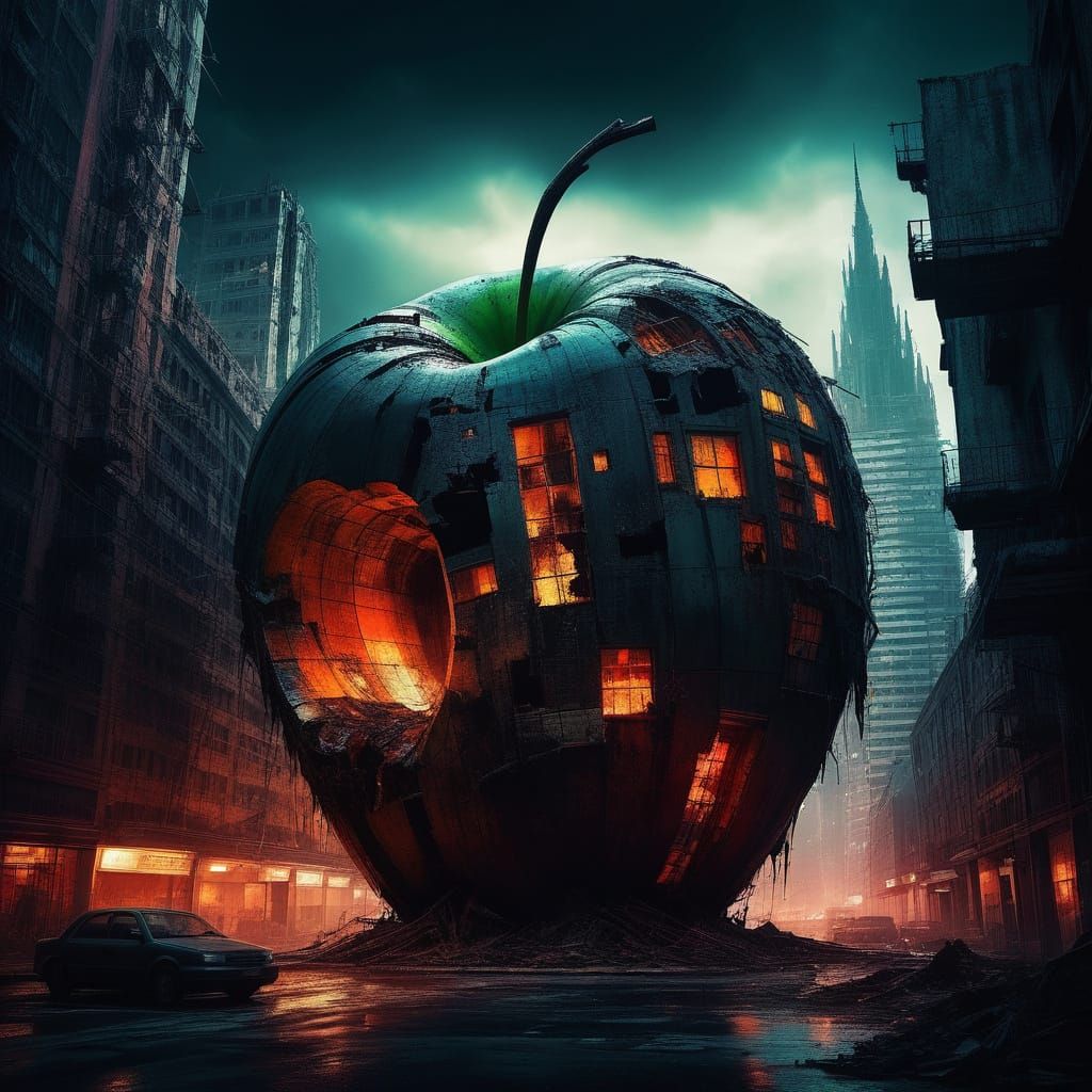 Giant, Twisted Apple Cityscape in Expressionist Style