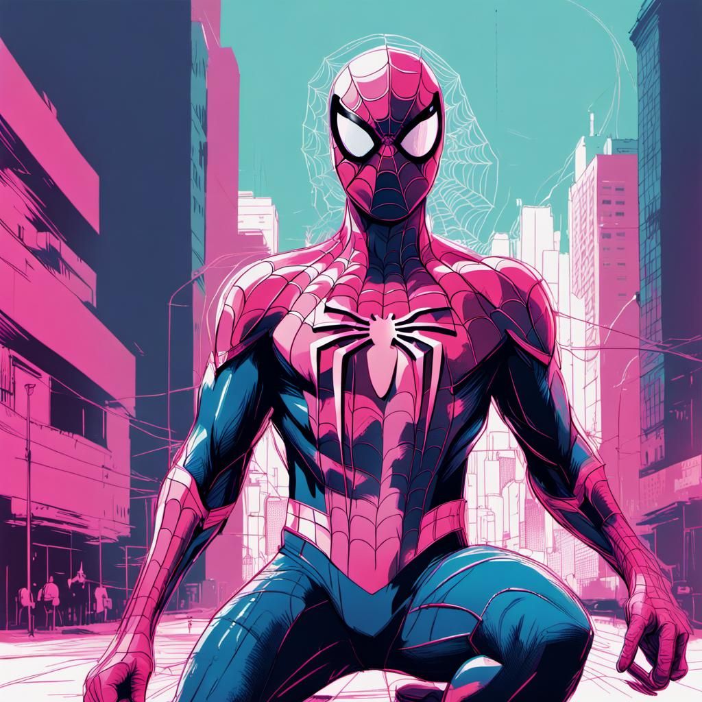 Spider-Man Vaporwave Portrait in Neon Cityscape