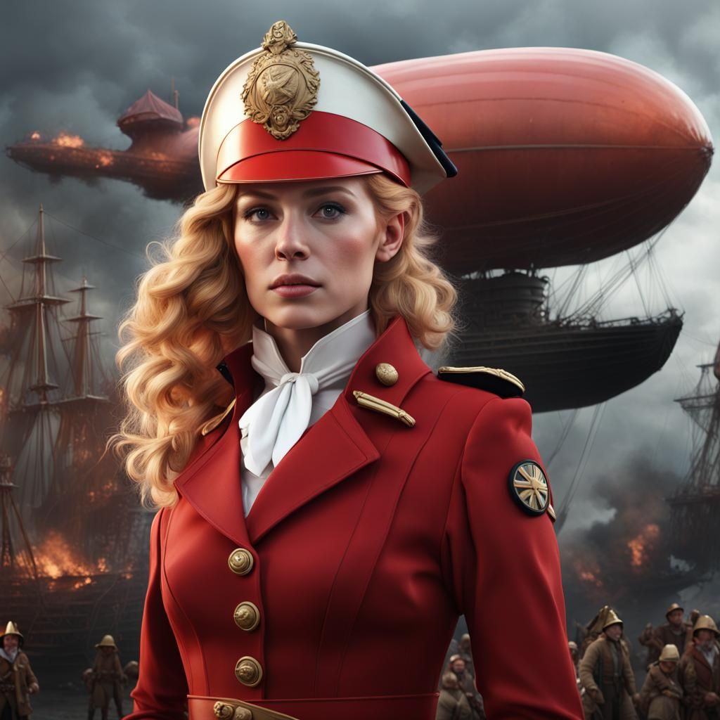 Girl in Redcoat Uniform with Airship, Detailed Matte Paintin...