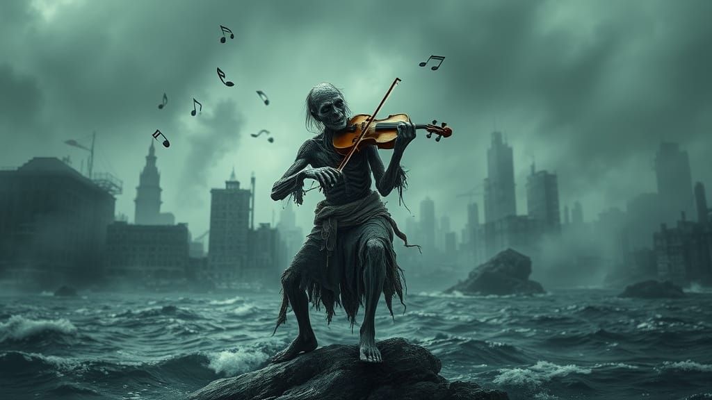 Zombie Violinist in Gloomy City Ruins