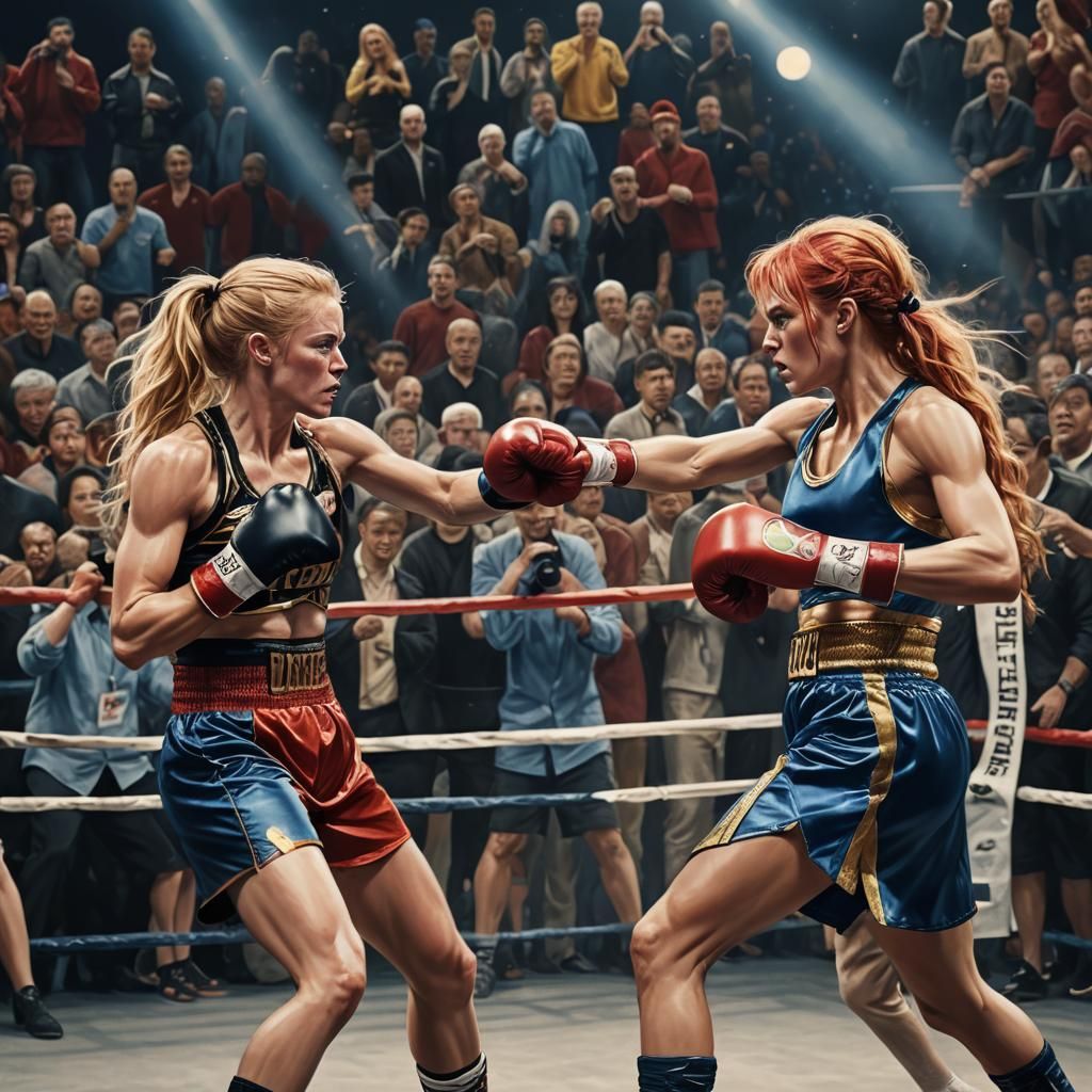 Intense Female Boxing Match in Hyperrealism