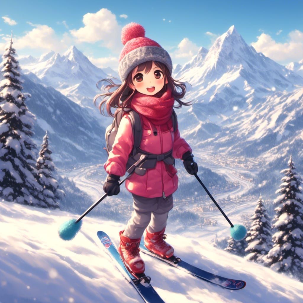 Happy Anime Girl Skiing in Snowy Mountains