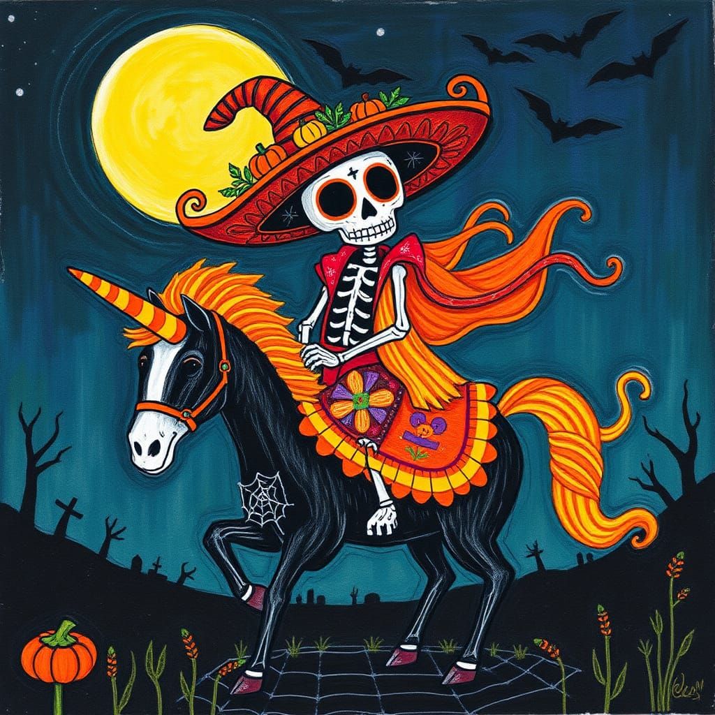 Halloween Sugar Skull Calavera on Unicorn, Naive Art