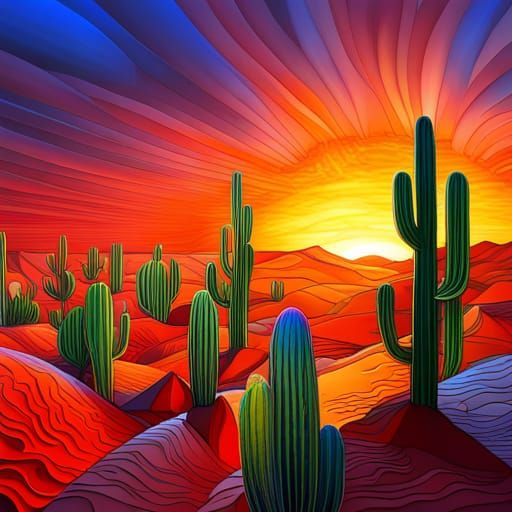 Blooming Cactus in Stained Glass Style