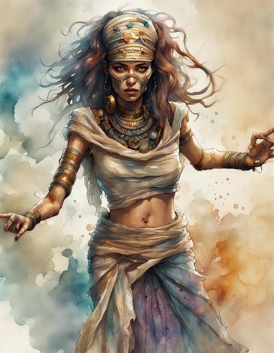 Egyptian Mummy Rock'n'Roll Dancer in Watercolor Style