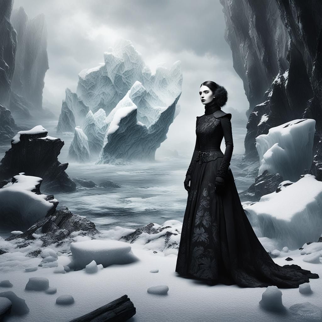Gothic Model in Icy Landscape, Black and White Photography