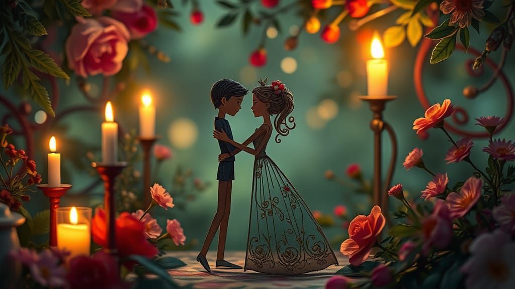 Whimsical Matchstick Couple in Dreamy Candlelit Setting