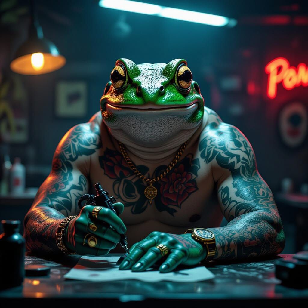 Frog Gangster with Tattoos Holding Tattoo Gun in Neo-Noir St...