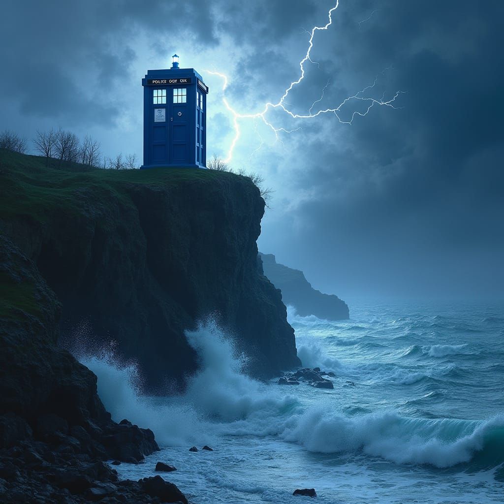 TARDIS on Stormy Cliffside in Digital Art Style