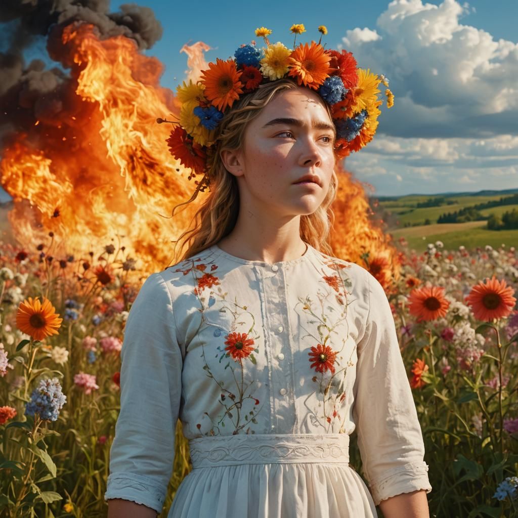 Fiery Floral Portrait in Watercolor Style