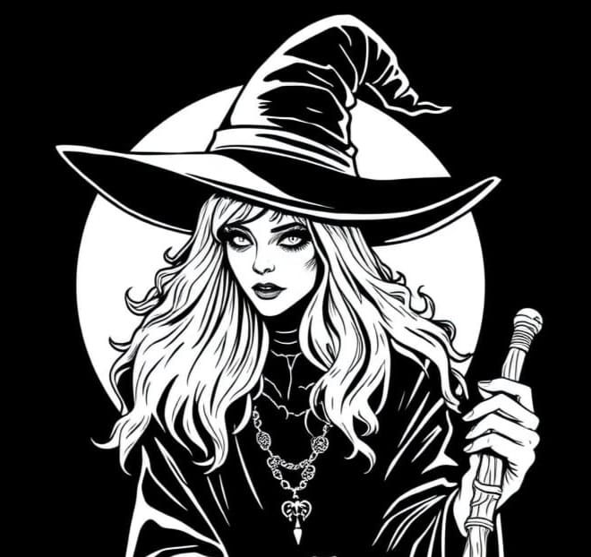 Witch in Black and White Line Art Style