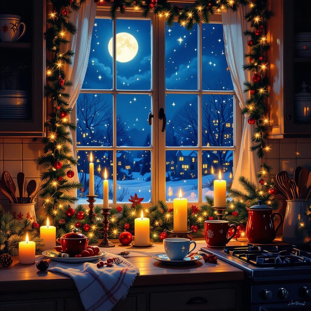 Cozy Christmas Kitchen at Night With Soft Glowy Lights