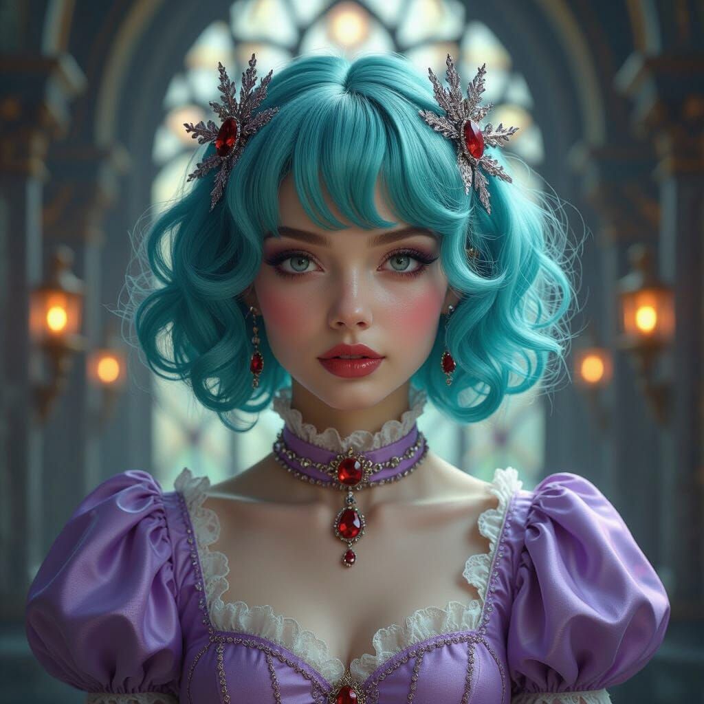 Teal-Haired Woman in Gothic Setting, Photorealistic Detail