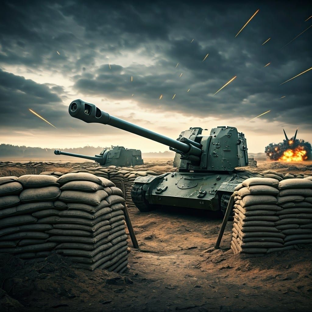 Dystopian AA Gun Battery in War-Torn Landscape