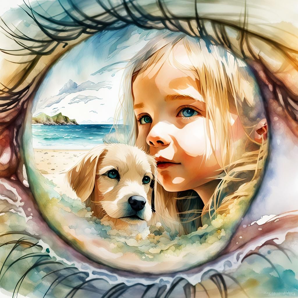 Beachscape Double Exposure Watercolor Illustration