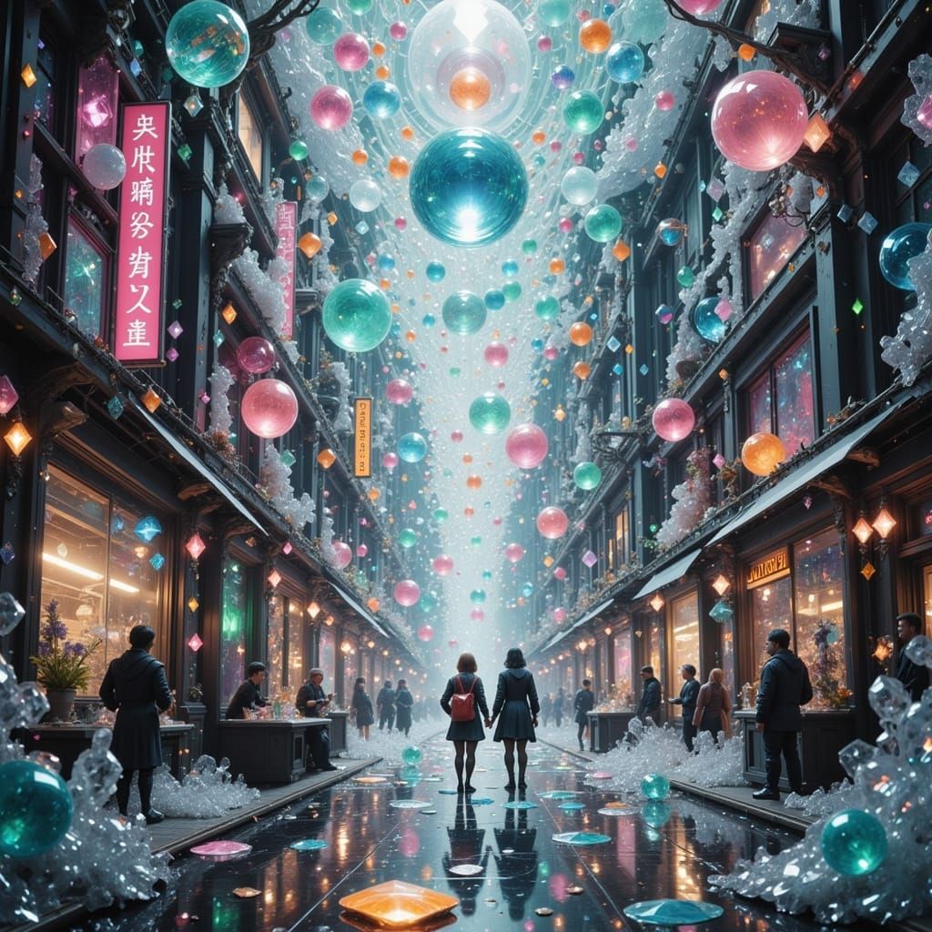 Hyperrealistic Scene of Glass Flowing Through Downtown, with...