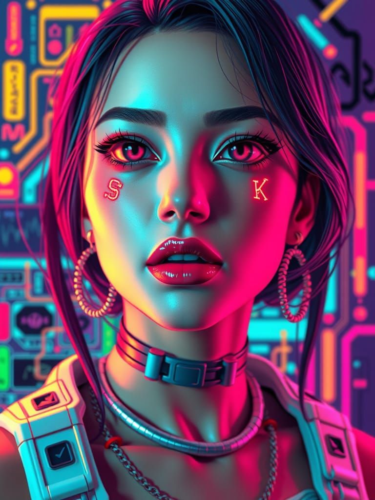 Cybernetic Woman Portrait in Anime-Inspired Glitch Art Style