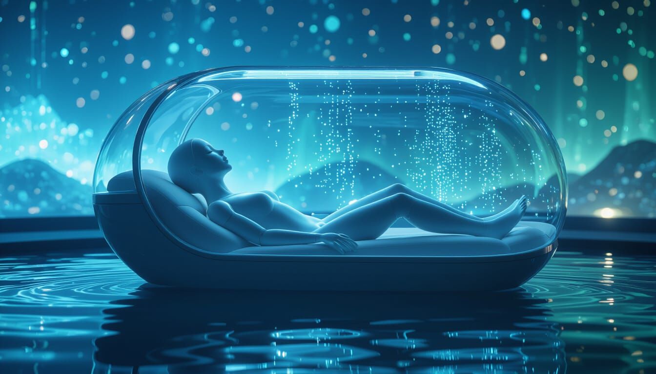 Futuristic Spa Pod with Holographic Visuals in Aquatic Style