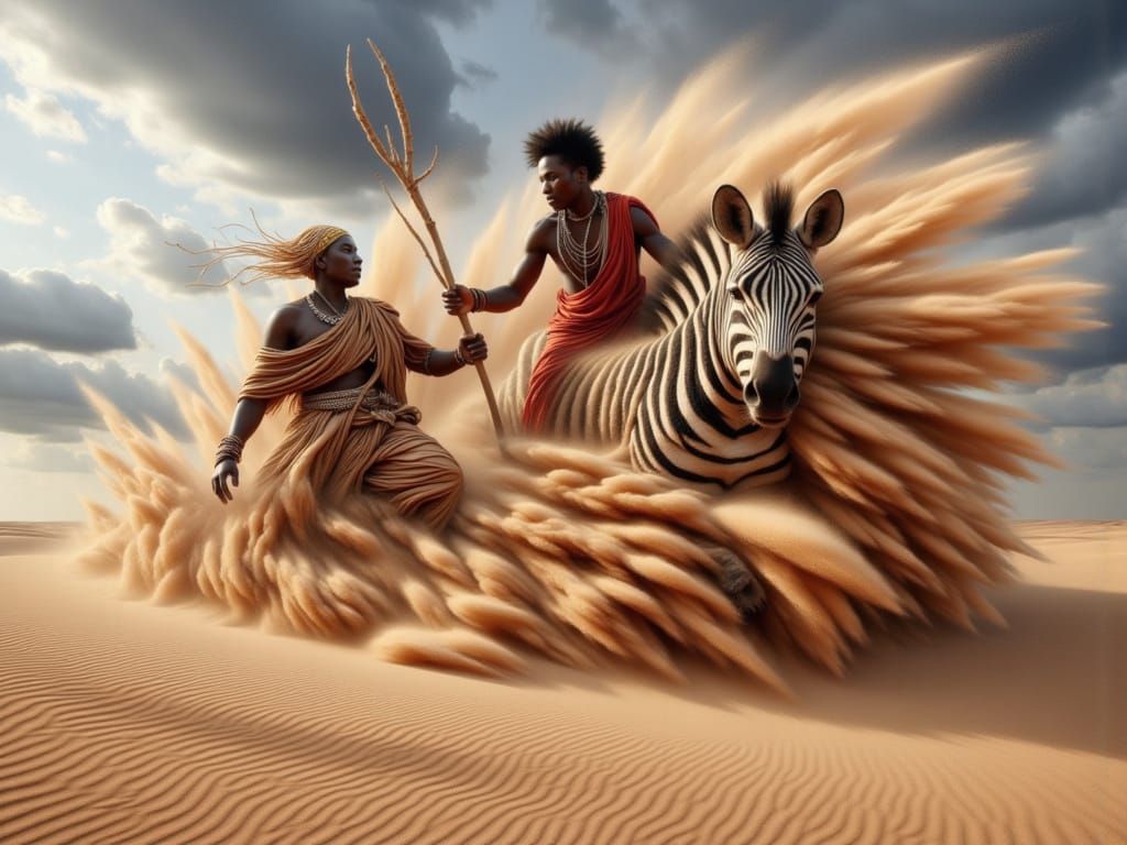 African Shaman and Zebra in Windswept Storm