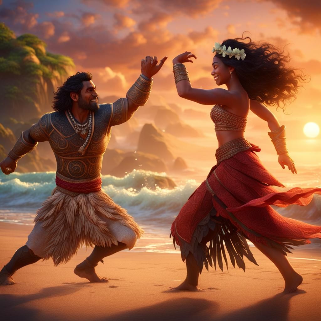 Moana dancing on the Beach with a Male Dancer as the sun is ...