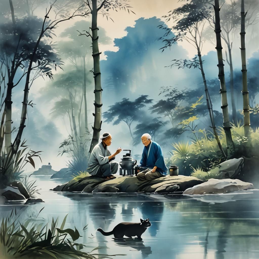 Glaucous Ink Wash: Old Man, Cat, and Tranquil Tea
