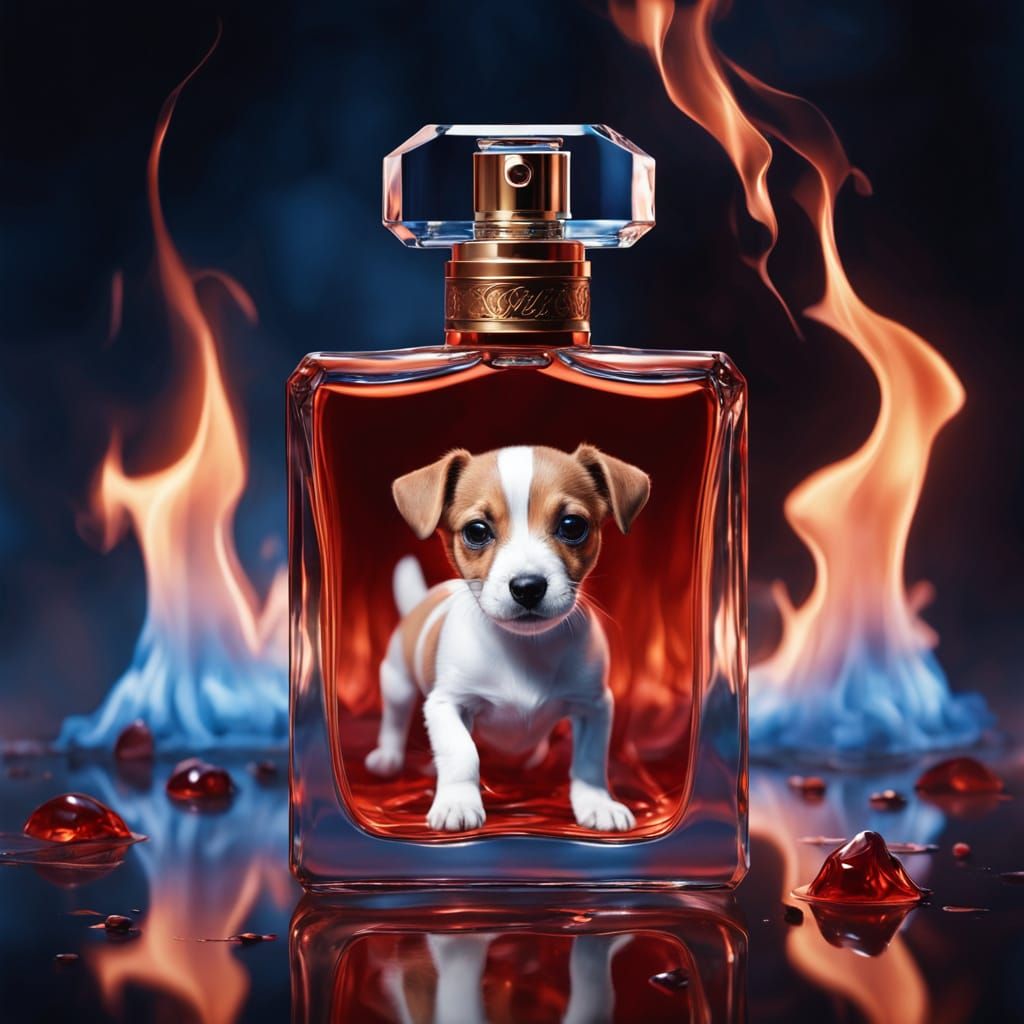 Hyper-Realistic Perfume Bottle with Puppy and Fiery Backgrou...
