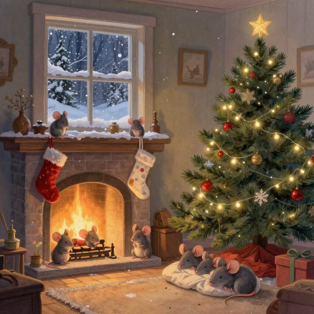 Cozy Christmas Mice by Fireplace in Storybook Style