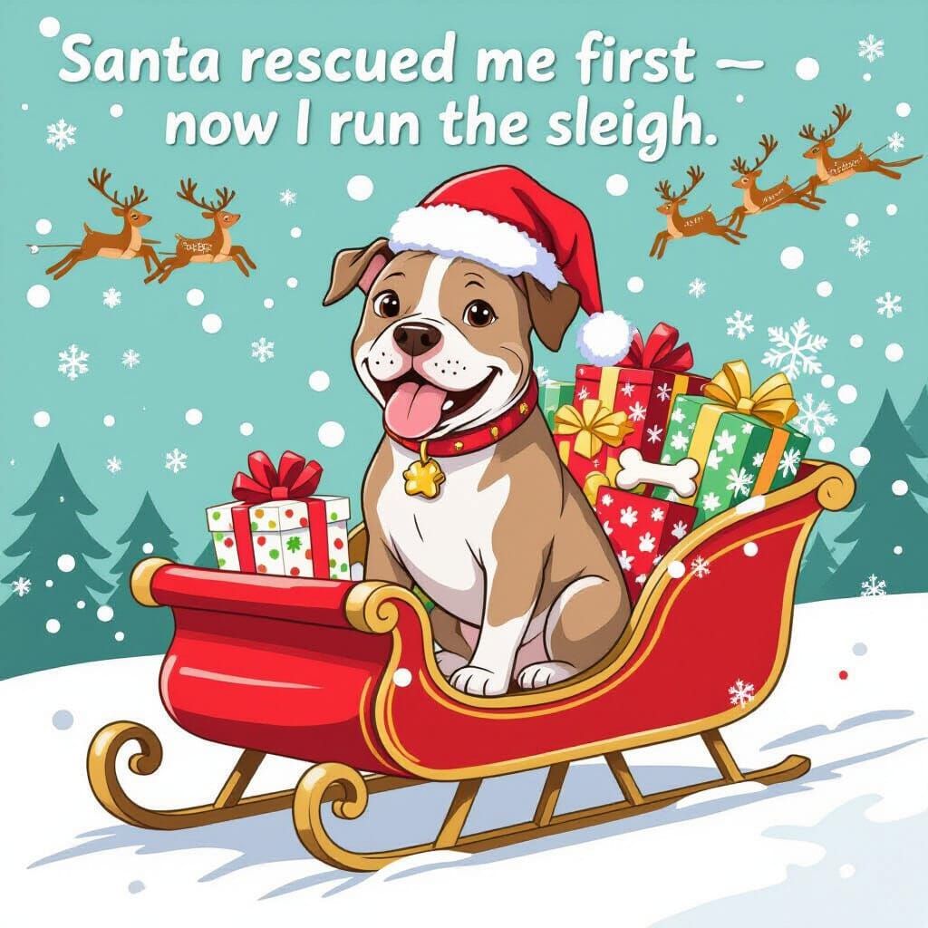 Pitbull Leads Santa's Sleigh in Whimsical Holiday Art