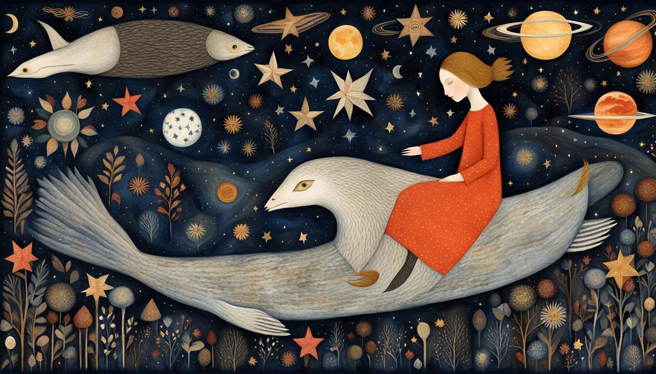 Mystical Creatures Soaring Through Galaxy, Dreamy Illustrati...