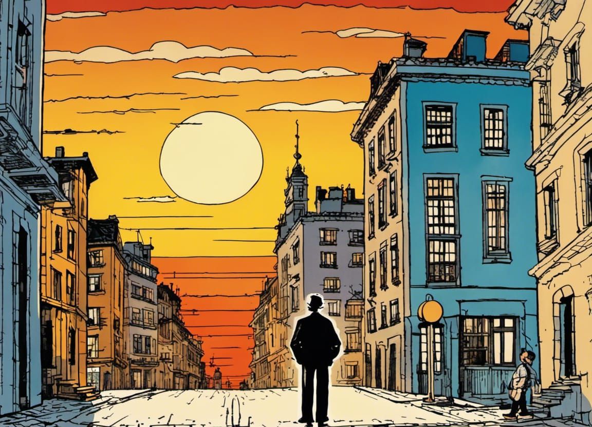 Man in City Downtown in Pen and Ink