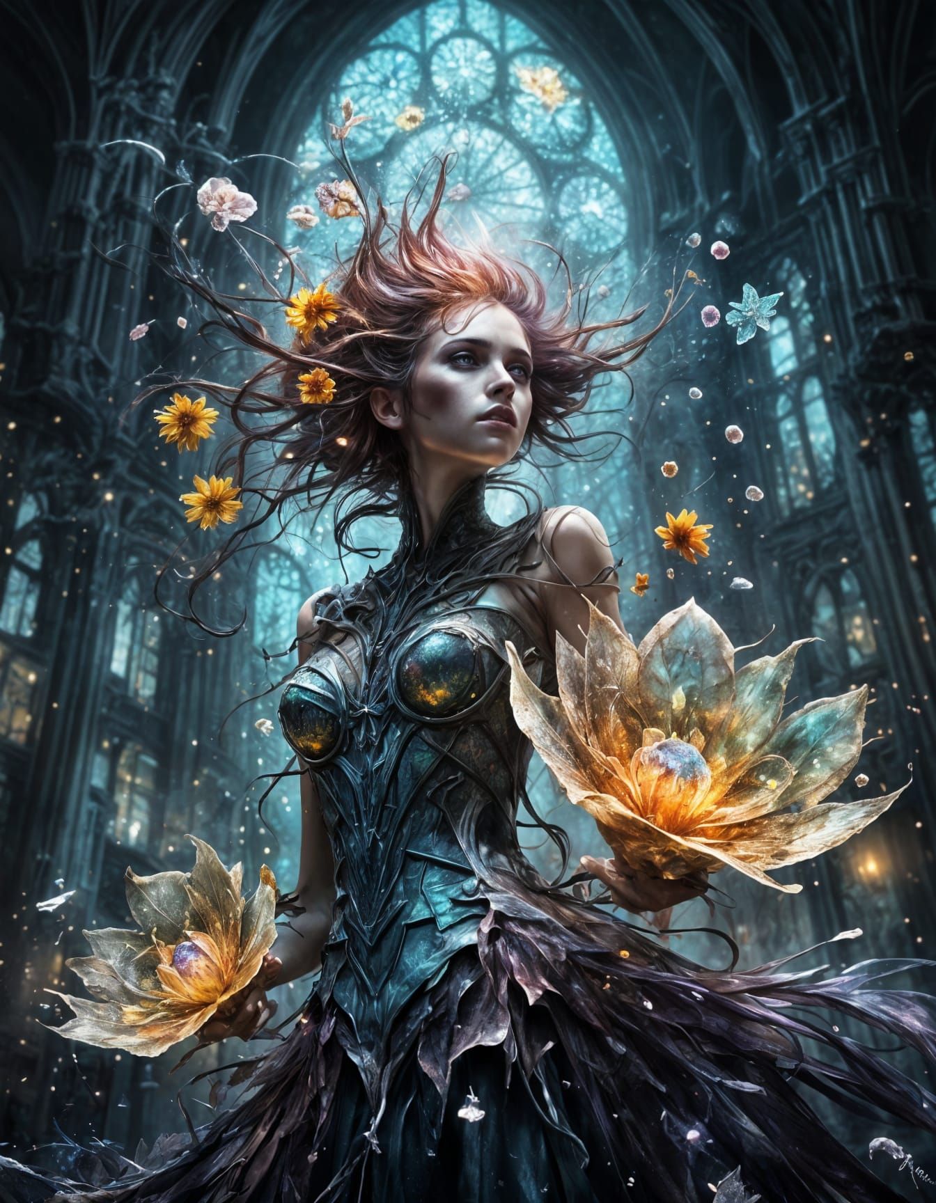 Glowing Stained Glass Flowers in Gothic Splendor