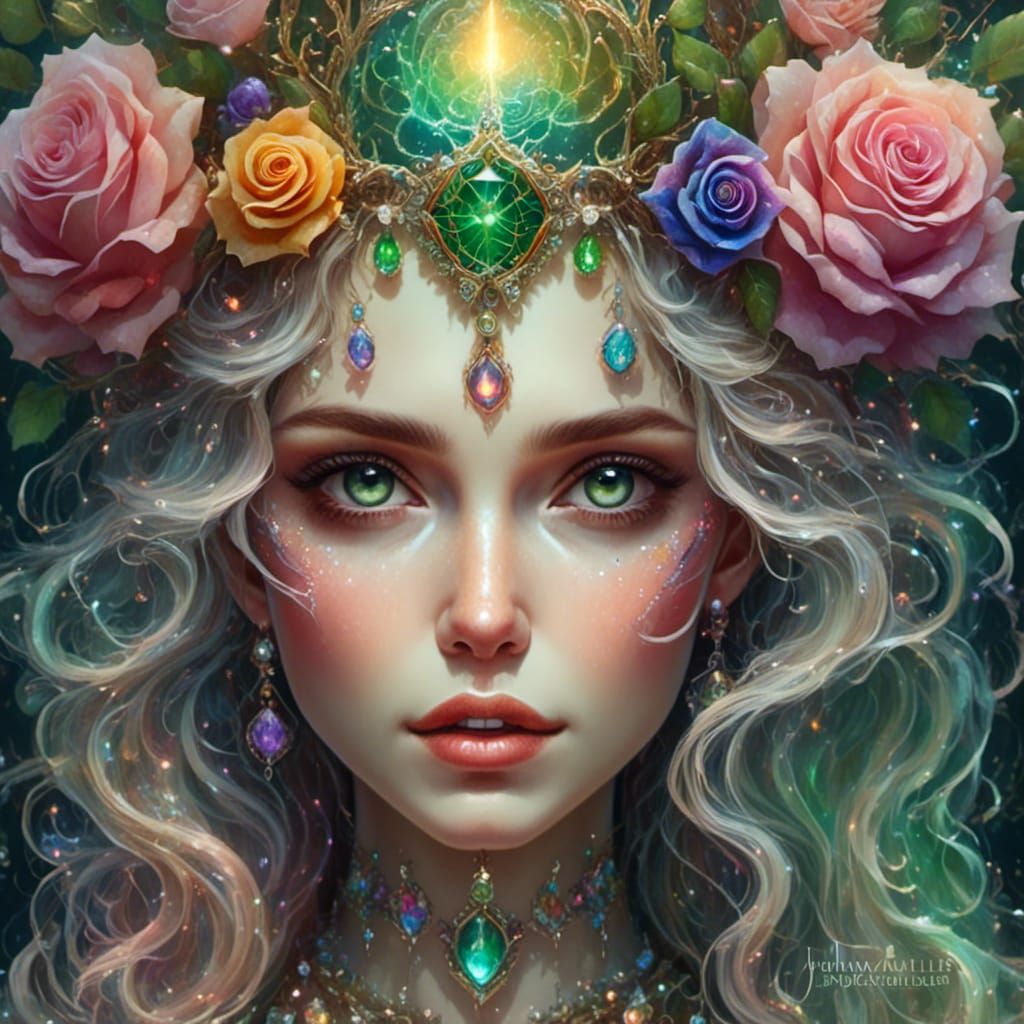 Green-Eyed Witch with Rainbow Rose Crown