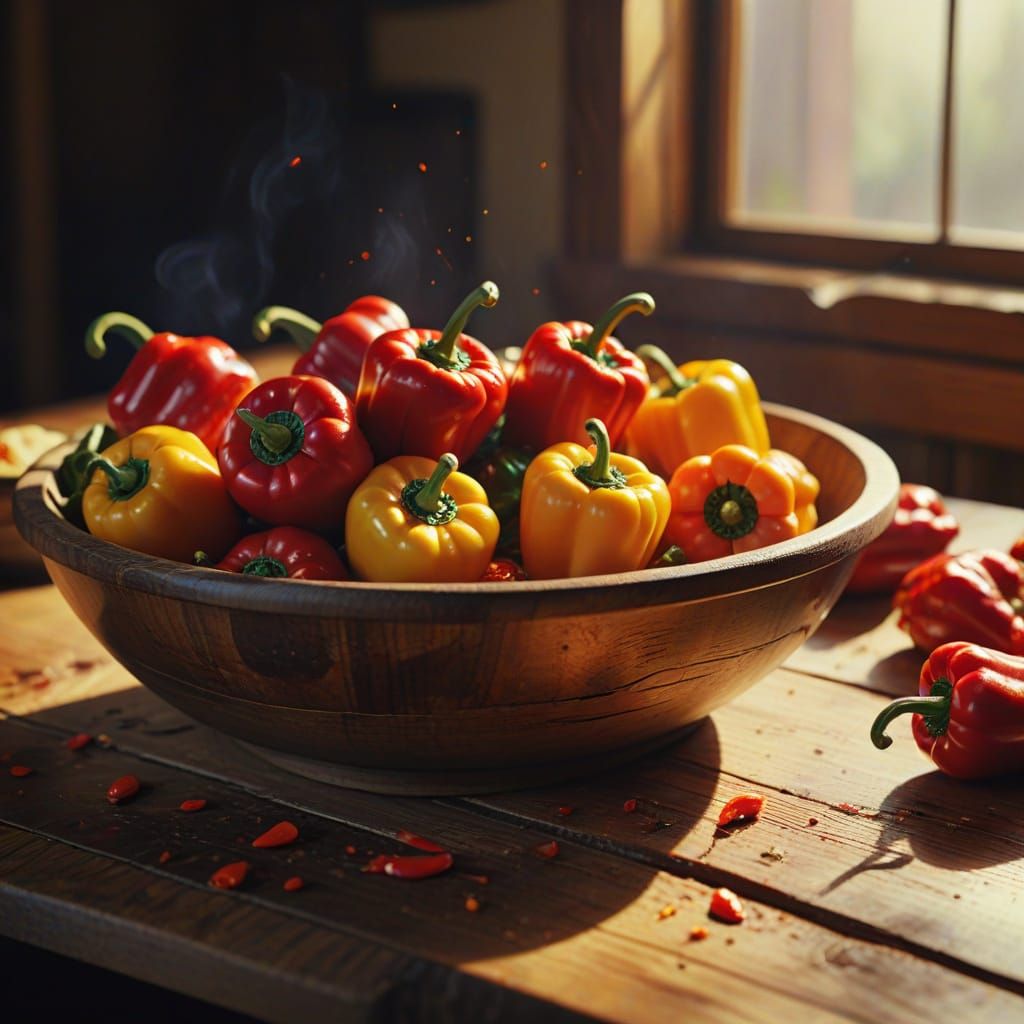 Vibrant Still Life of Red Peppers as Oil Painting
