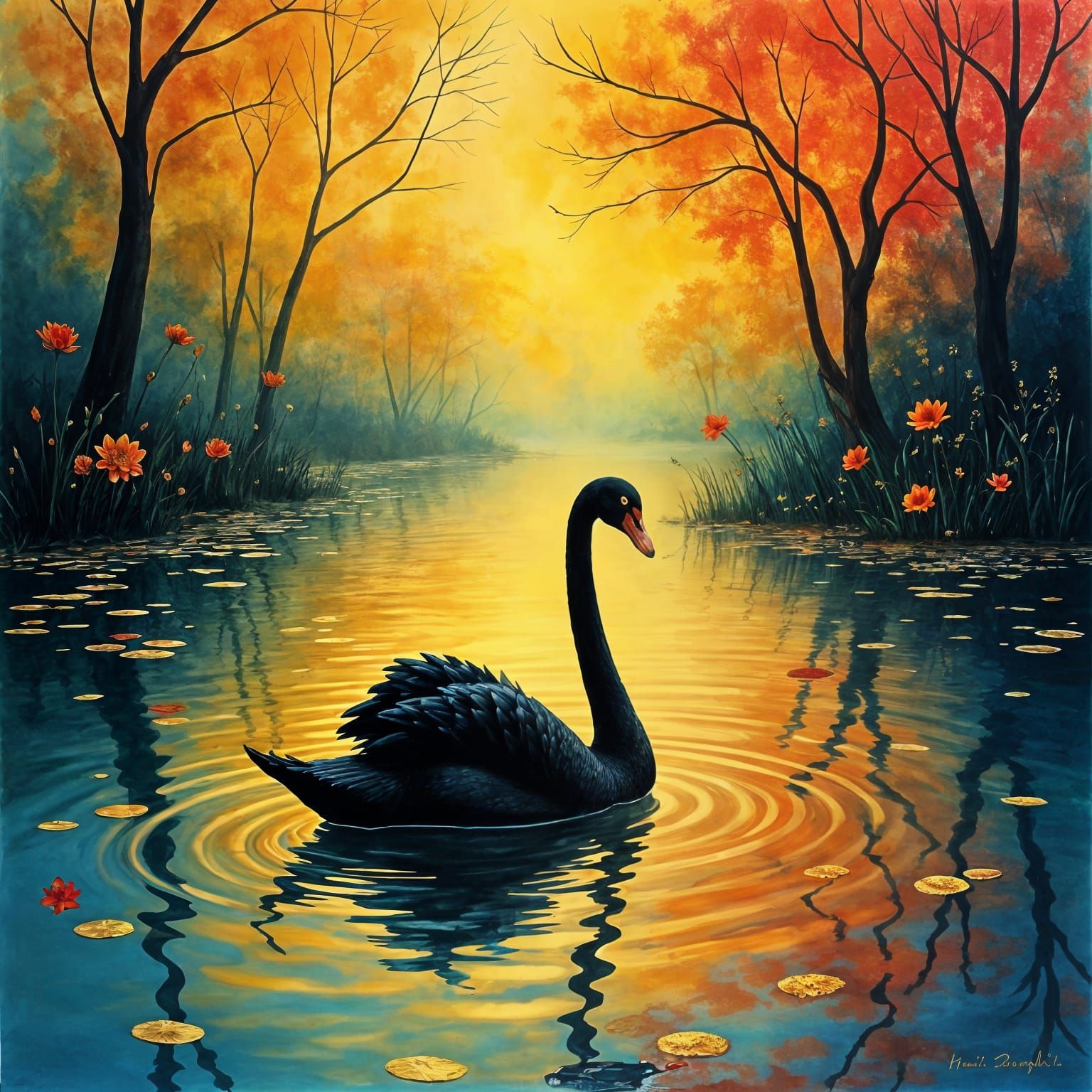 Golden Pond Black Swan in Alcohol Ink Fractal Style