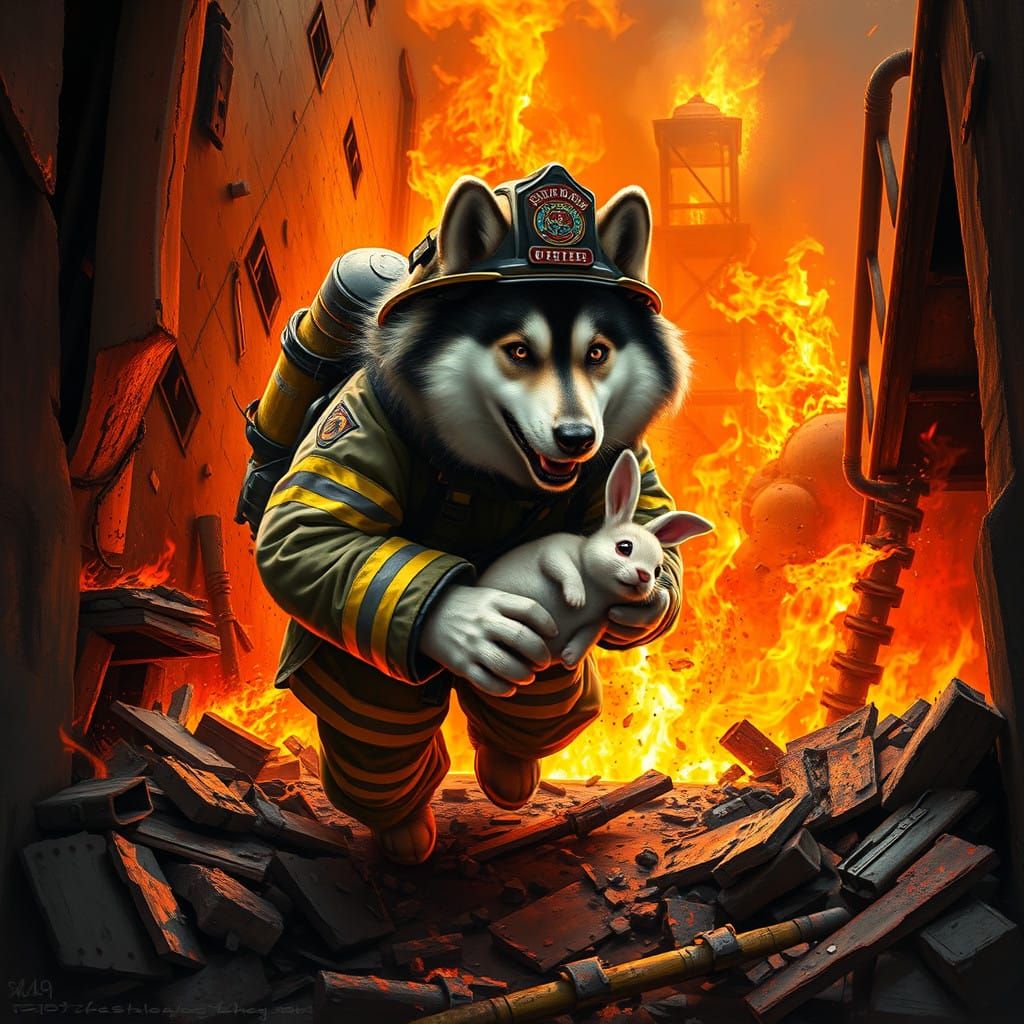 Heroic Samoyed Fire Marshal Rescues Tiny Bunny from Inferno