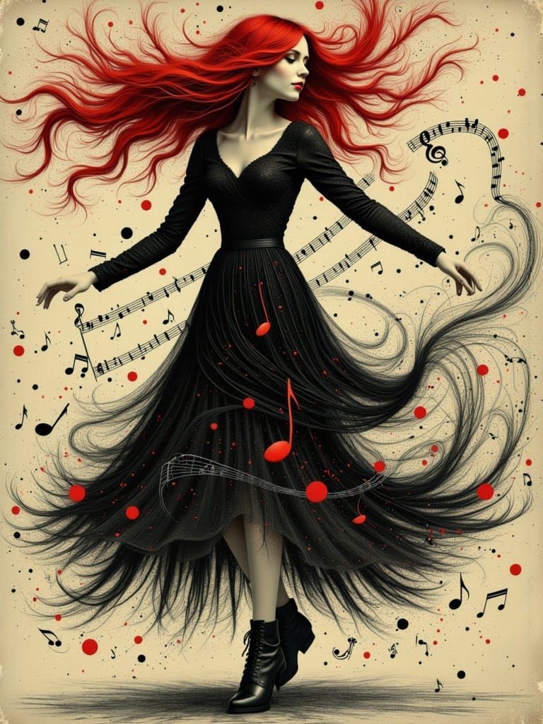 Melancholic Gothic Woman Dancing with Musical Notes