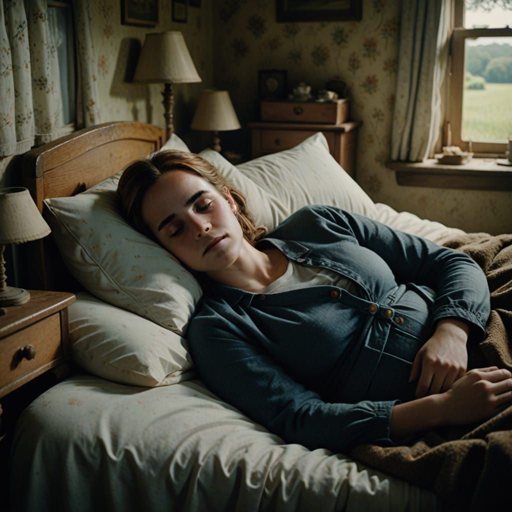 Cinematic Pregnant Emma Watson Slumbers in Serene Countrysid...