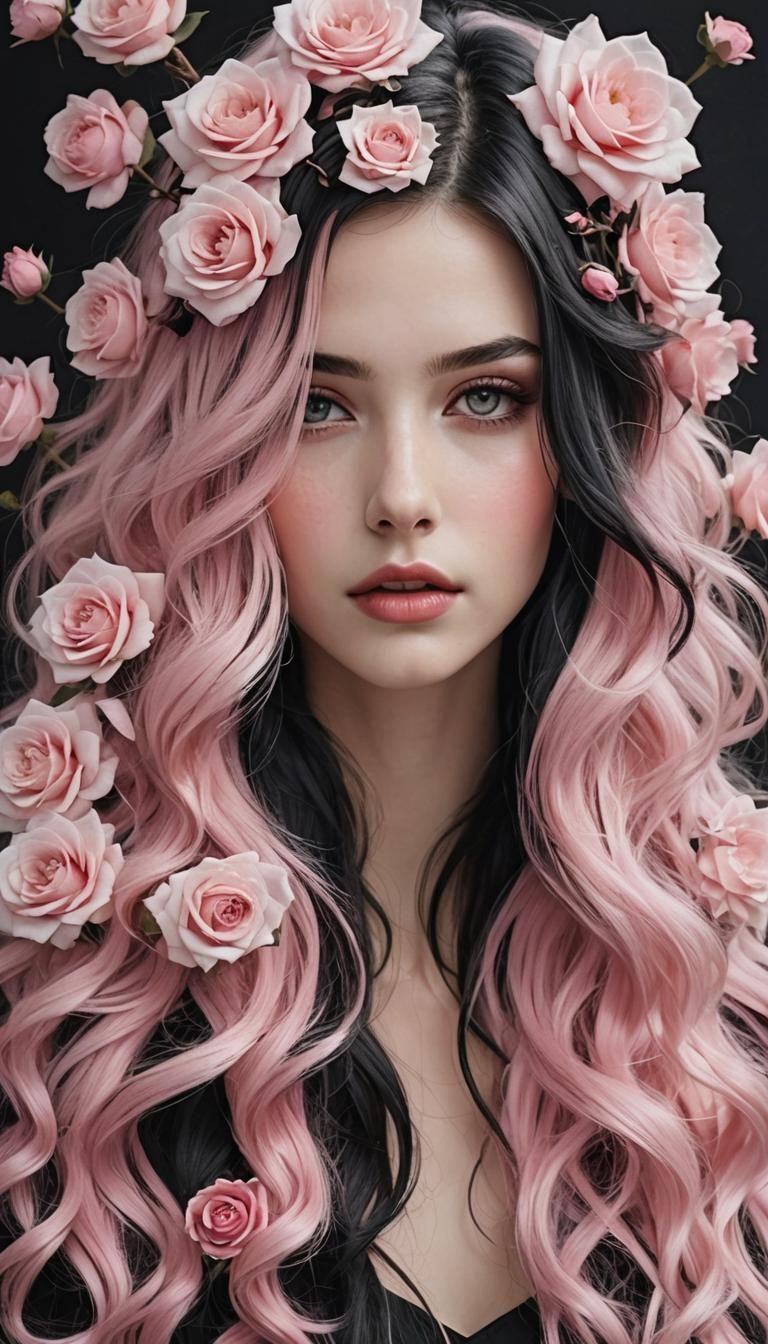 Monochrome Pink Fantasy: Woman with Long Black Hair