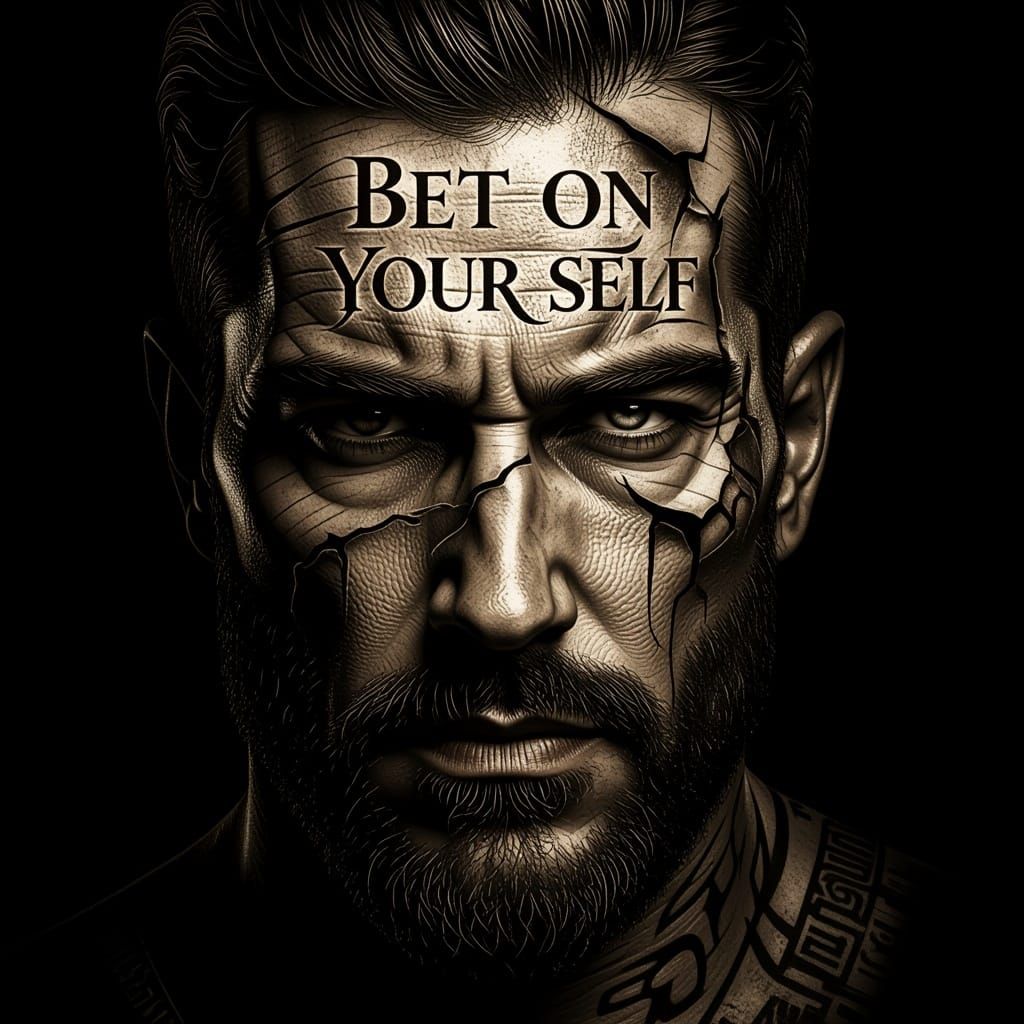 Ancient Text Tattoo "BET ON YOUR SELF" on Man's Face