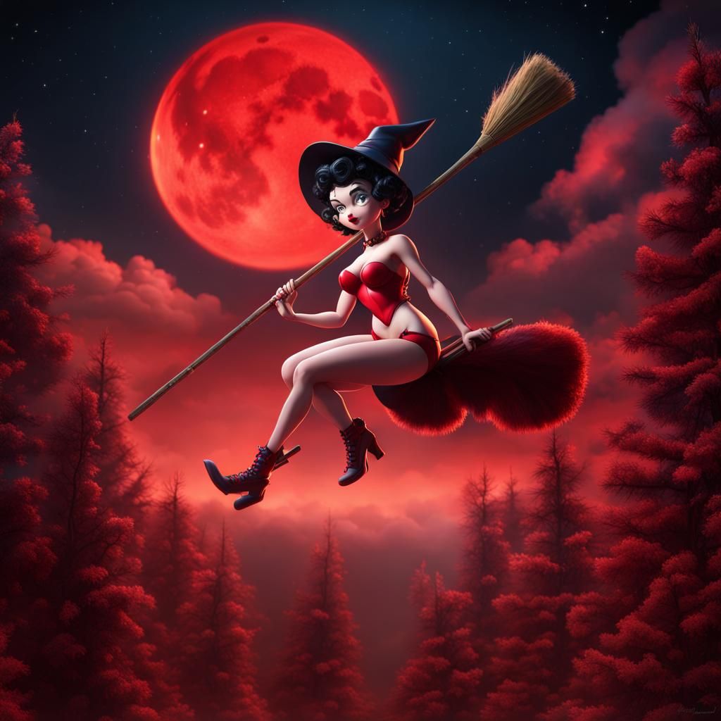 Cartoon Witch Rides Broomstick in Fantasy Landscape