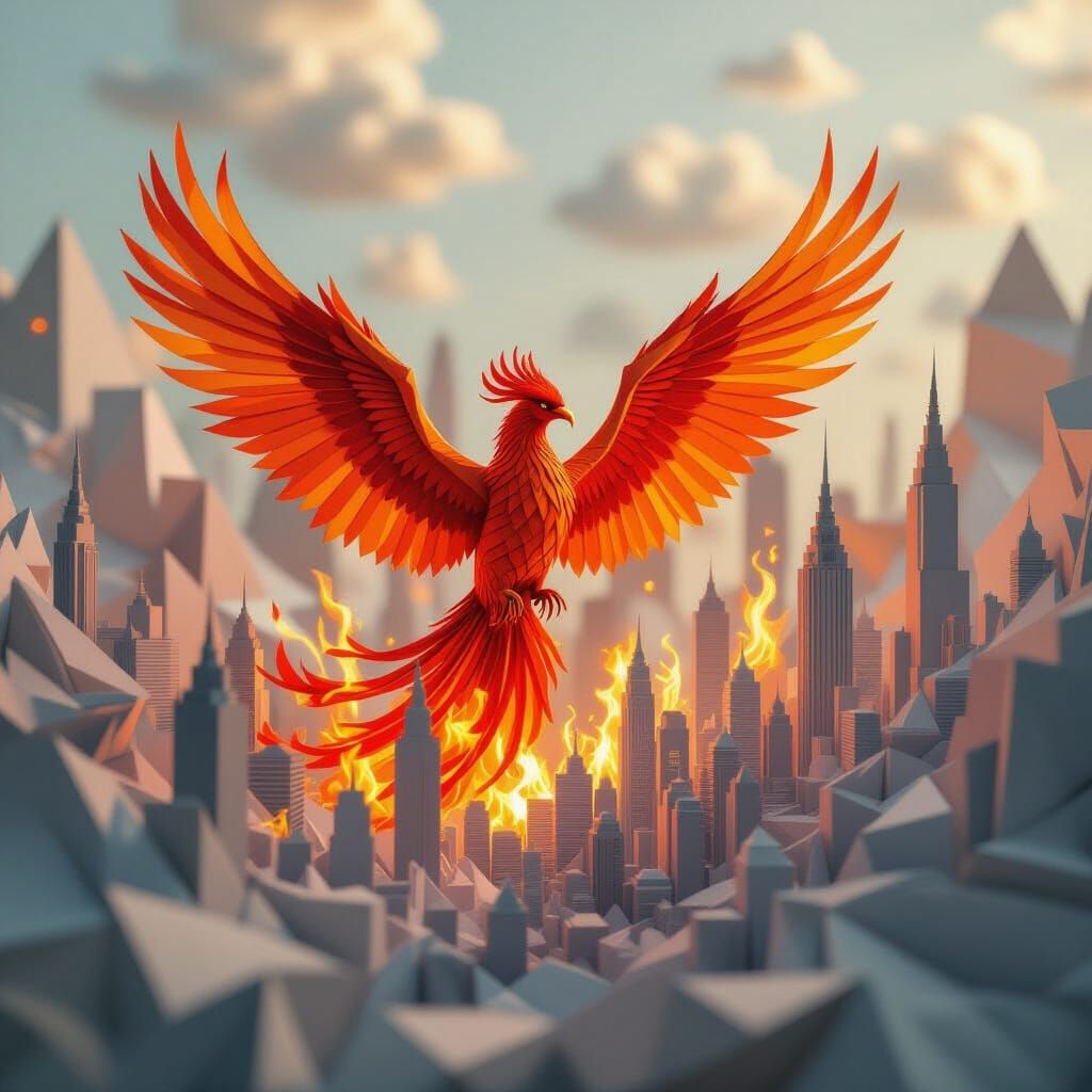 Fiery Phoenix Battles in Origami Cityscape
