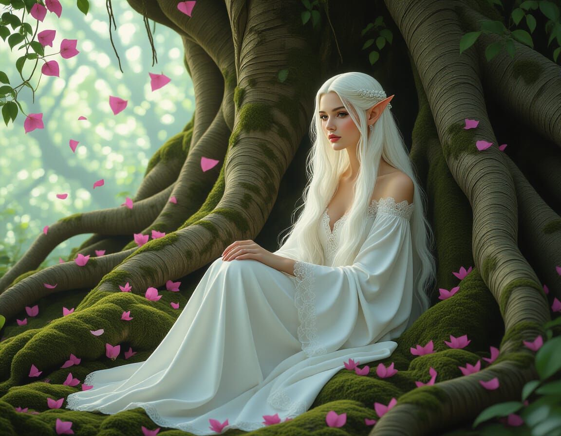 Elegant Elf in Mossy Forest, Digital Art