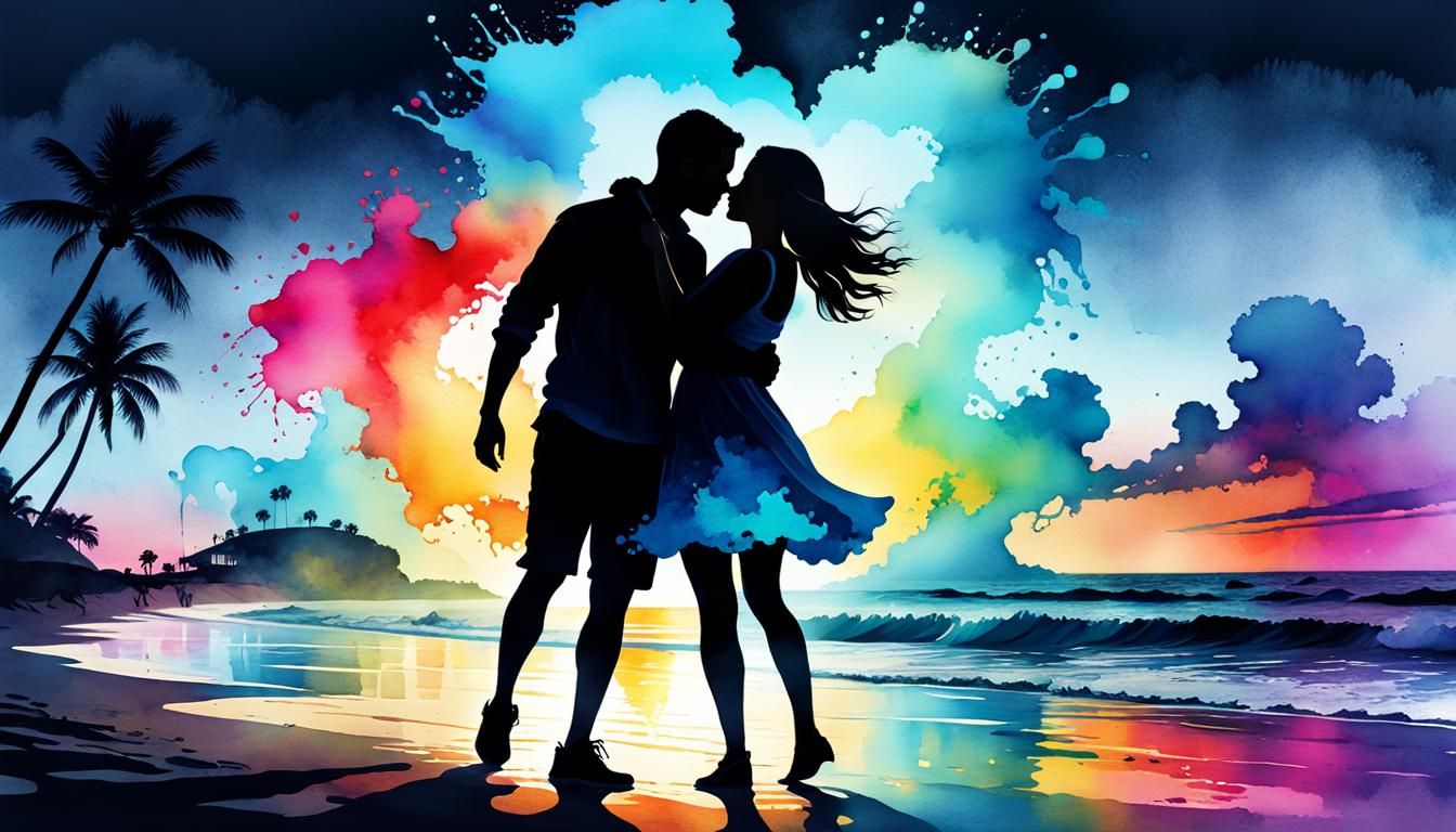 Romantic Beach Couples in Digital Watercolor Illustration