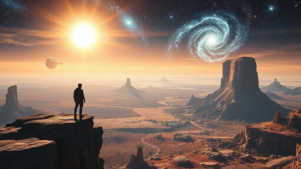 Figure on Alien Cliff Under Twin Suns