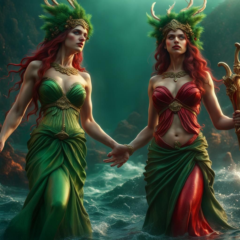 Mythological Sirens Celebrate the Holidays: Detailed Digital...