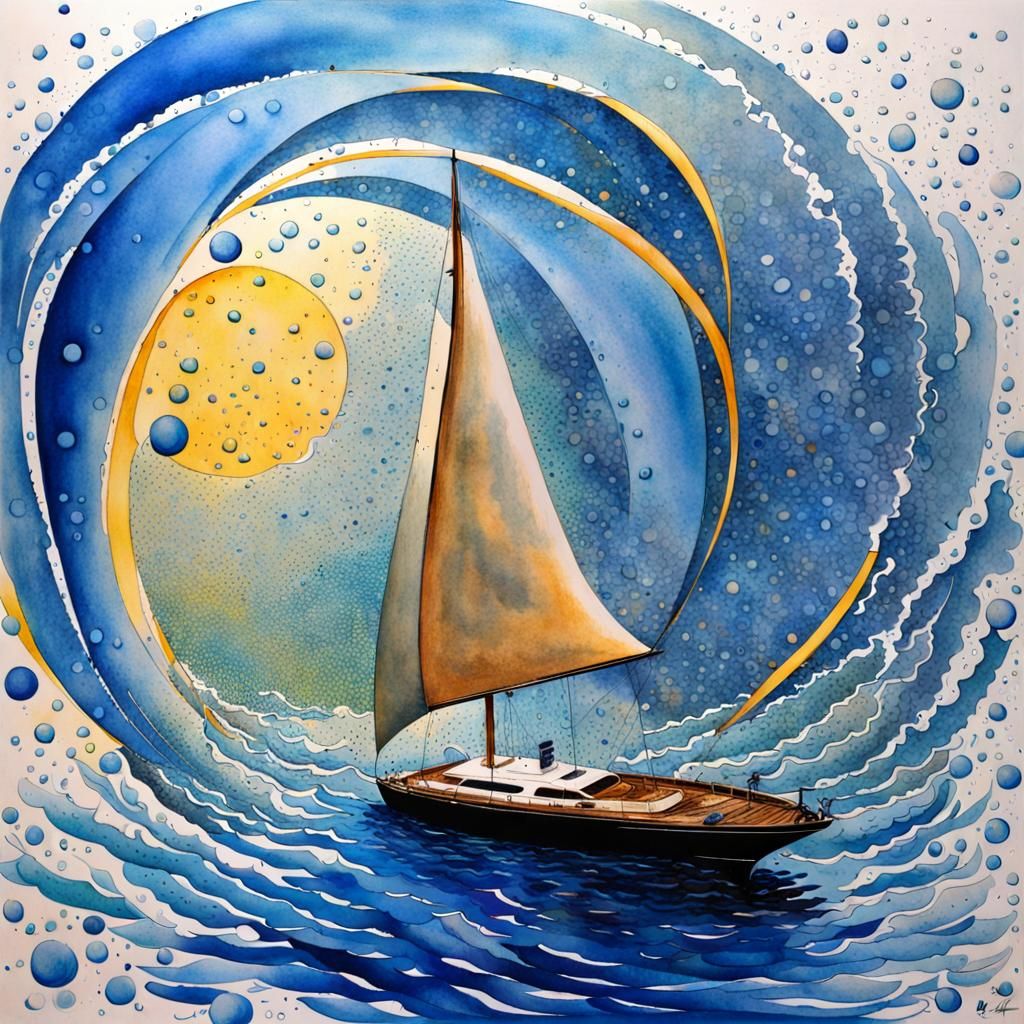 Dynamic Fountain in Surreal Maritime Watercolor Style