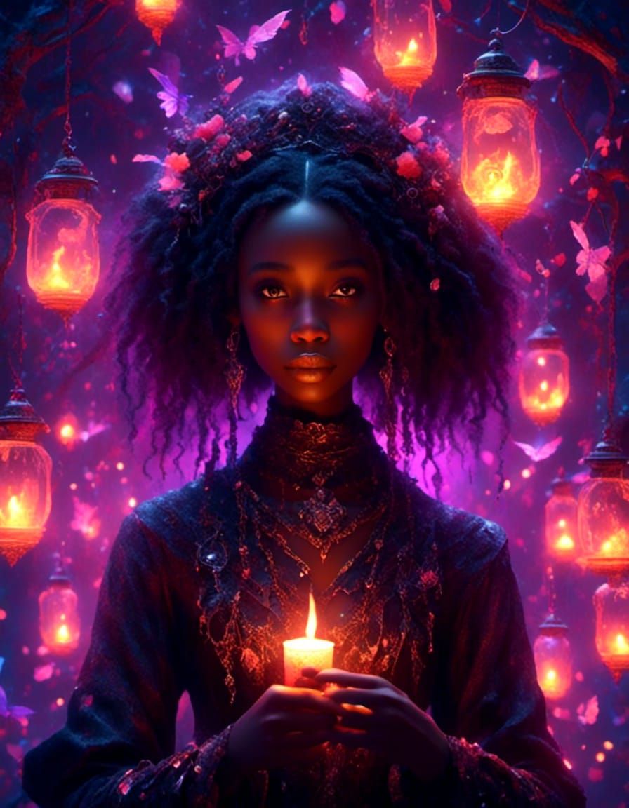 Black Woman Sorceress with Candle in Gothic Art