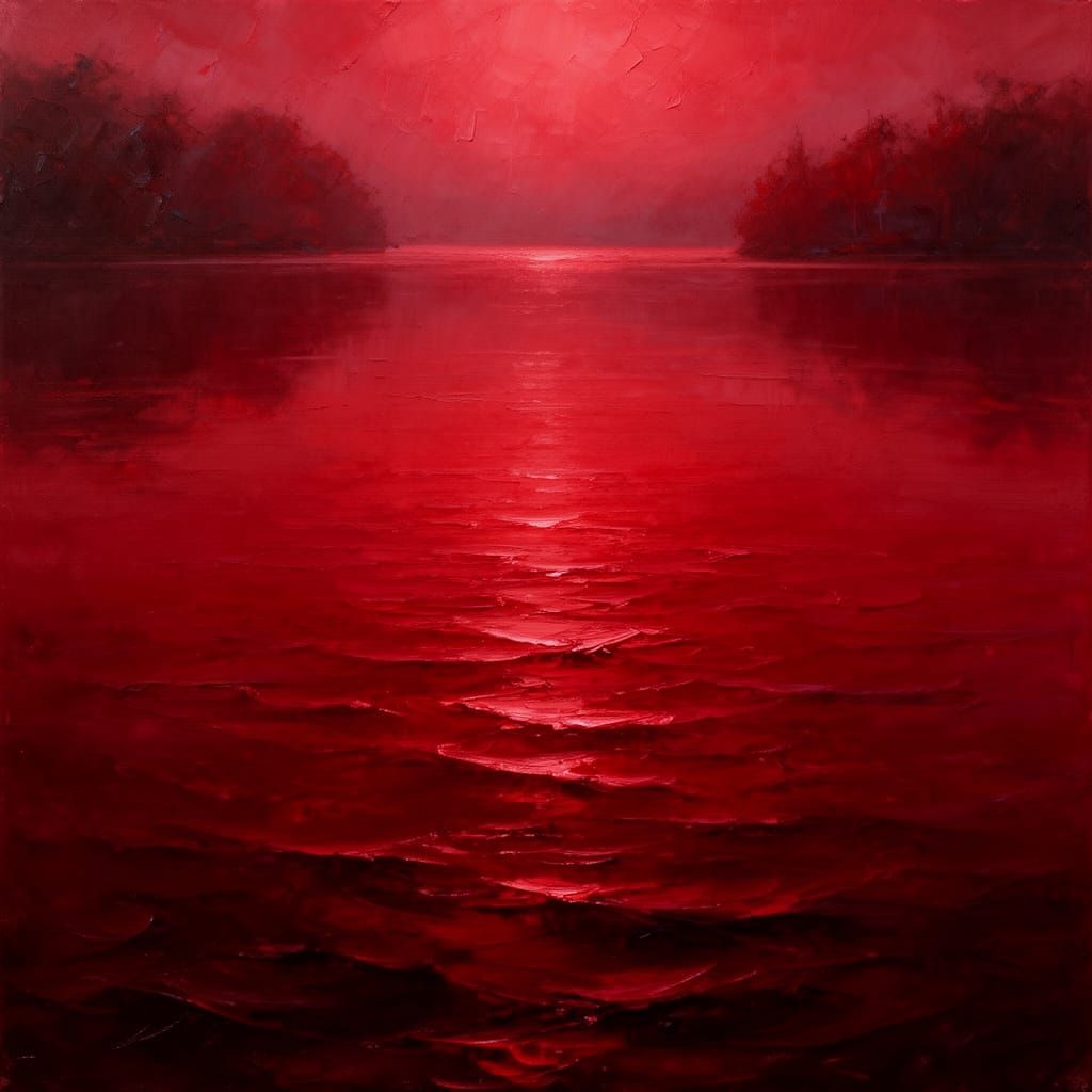 Blood Red Lake in Ethereal Oil Painting Style