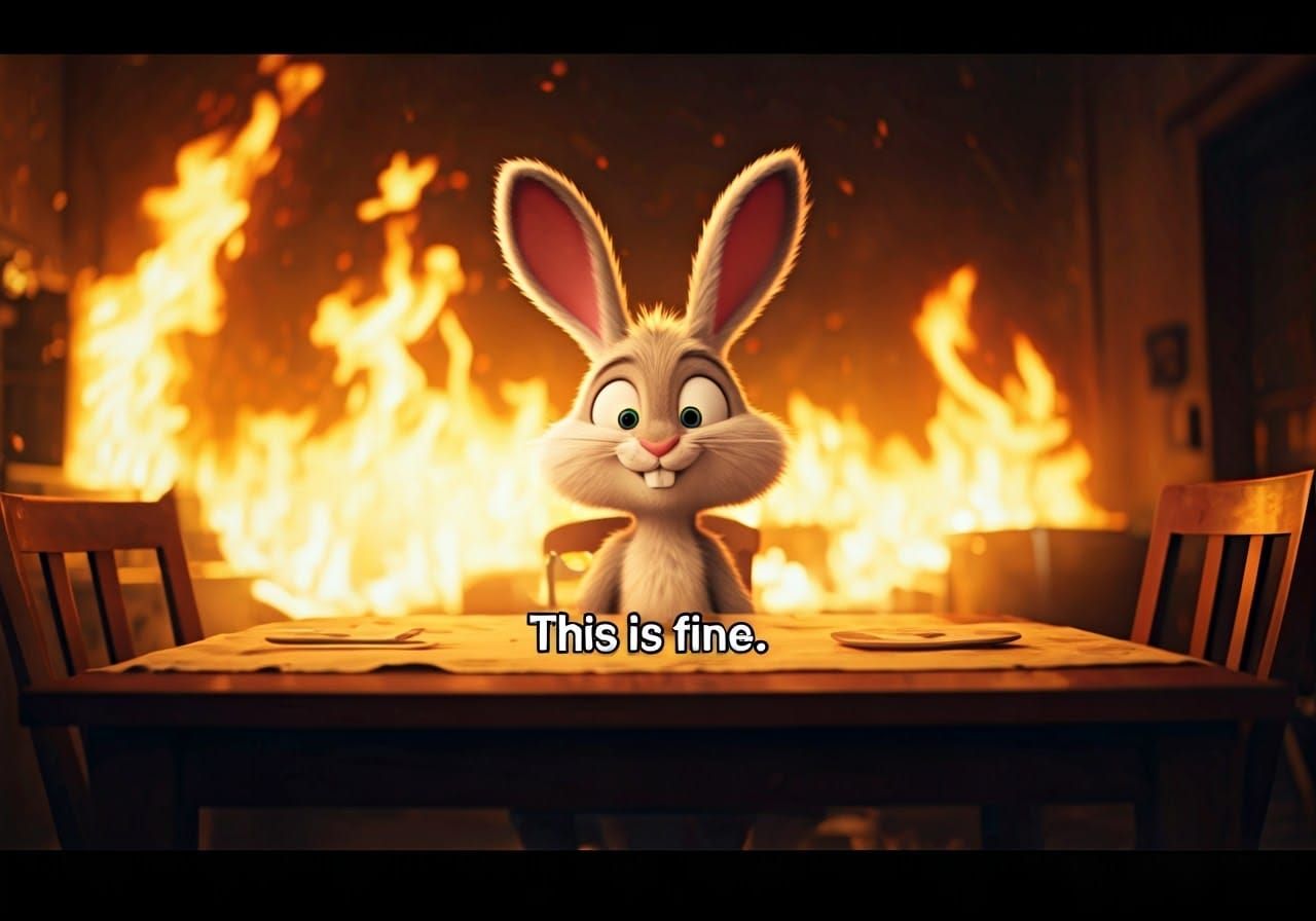 Oblivious Cartoon Rabbit Sits Amidst Burning Kitchen Table