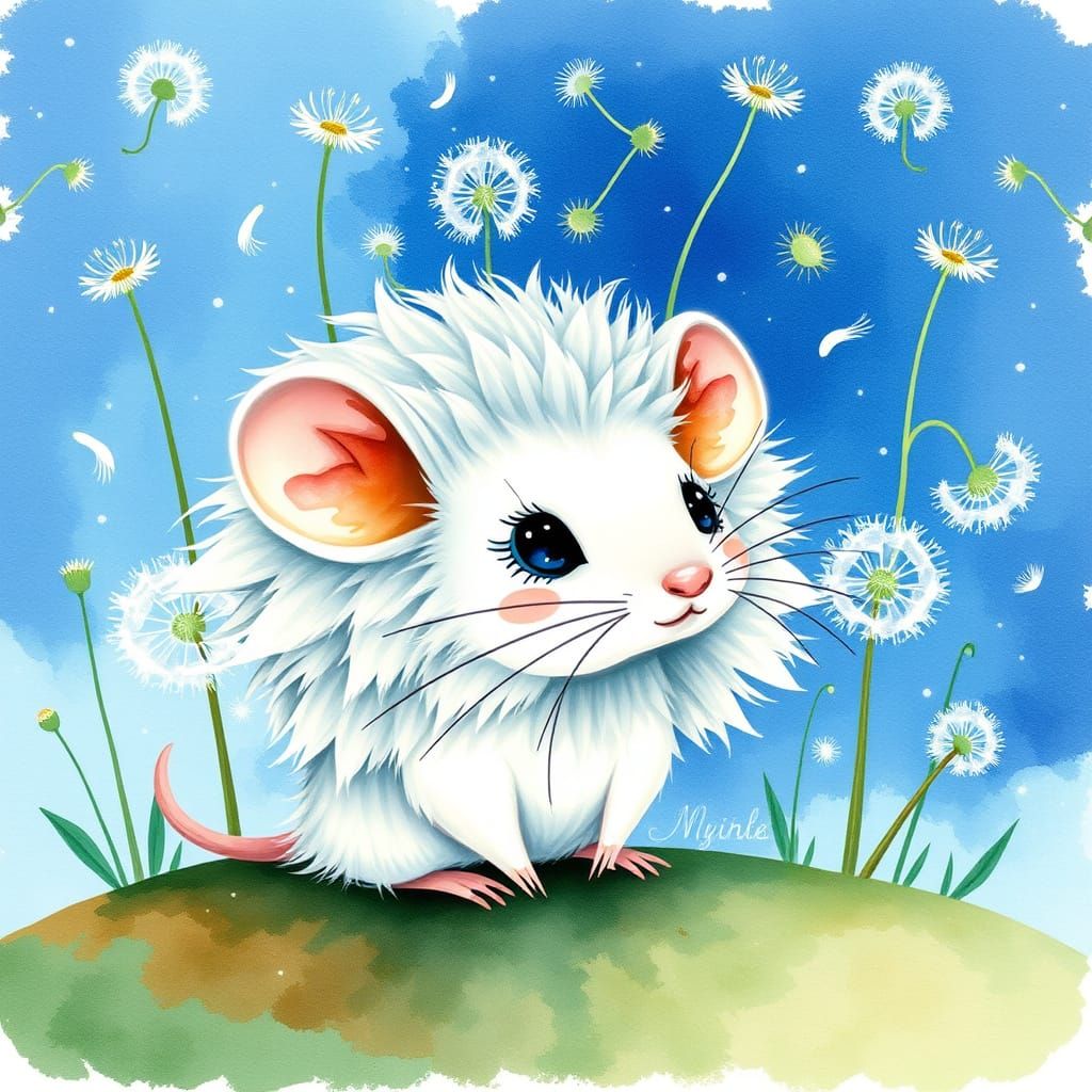 Whimsical Blue Mouse in a Dandelion Dream